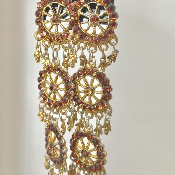 Bohemian Style Golden Brown Rhinestones Stones Long Earrings - Fashion Jewelry - Picture 3 of 4